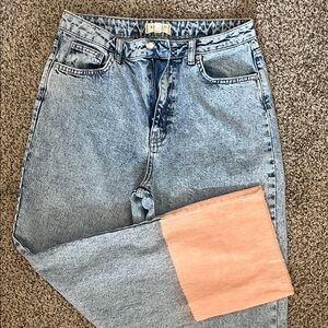 Francesca's High Rise Straight Leg Denim with Acid Wash and Peach Accented Hem